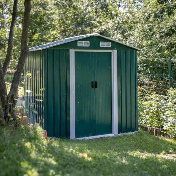 Plechový záhradný domček na náradie, zelená/biela, 2x1,3x1,8 m, HAMAL TYP 1
