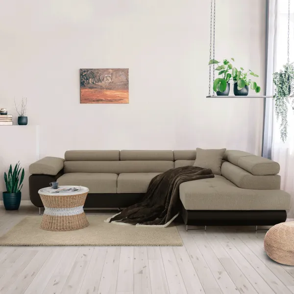 Rohová sedacia súprava, hnedá/béžová, pravá, AMARETO NEW