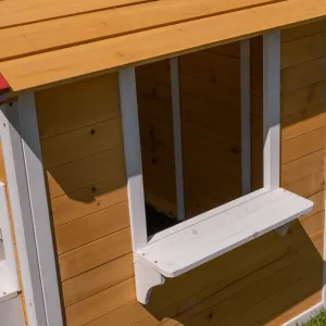 Drevený záhradný domček s kvetináčom, prírodná/biela/modrá/červená, AVILO