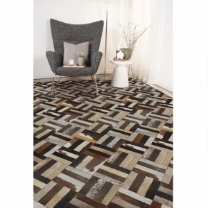 Luxusný kožený koberec, hnedá/čierna/béžová, patchwork, 200x300 , KOŽA TYP 2