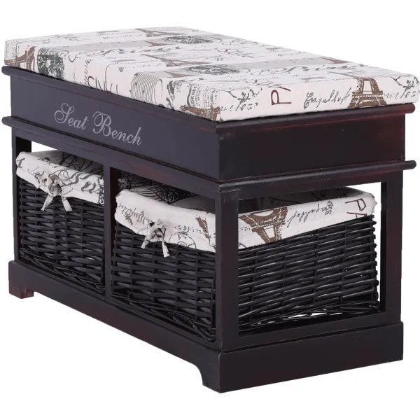 Lavica s vankúšom, 2 košíky, tmavohnedá/béžová/vzor, SEAT BENCH 3