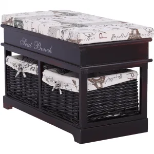 Lavica s vankúšom, 2 košíky, tmavohnedá/béžová/vzor, SEAT BENCH 3