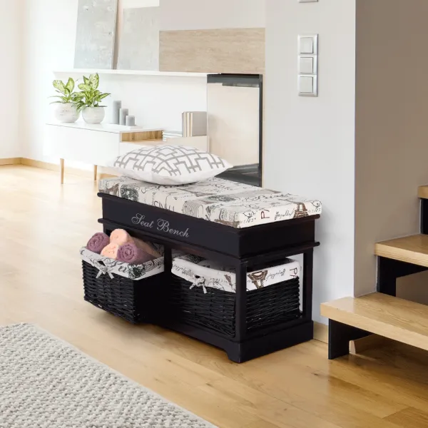 Lavica s vankúšom, 2 košíky, tmavohnedá/béžová/vzor, SEAT BENCH 3