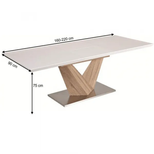 Jedálenský stôl, biela extra vysoký lesk HG/dub sonoma, 160x90 cm, DURMAN