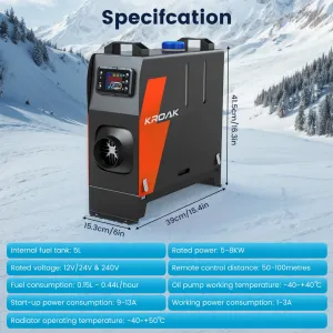 Dieslové topenie , Dieslový ohrievač KROAK L1 8KW 12V/24V prenosný smart Bluetooth dieselový vykurovač / Bufík, ohrievač s napájaním na 220V