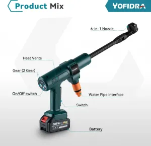 OneVan / Yofidra AKU vysokotlakový čistič vapka , tlaková umývačka 150 bar 3500W bezuhlíková elektrická umývačka 6v1 s otočnou sprchou pre bateriu MAKITA 18V. Motorček od KAWASAKI Batéria: 2ks batéria