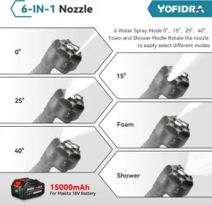 OneVan / Yofidra AKU vysokotlakový čistič vapka , tlaková umývačka 150 bar 3500W bezuhlíková elektrická umývačka 6v1 s otočnou sprchou pre bateriu MAKITA 18V. Motorček od KAWASAKI Batéria: 2ks batéria