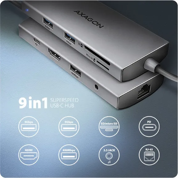 AXAGON HMC-8HLSA, USB 5Gbps hub, 3x USB-A, HDMI 4k/60Hz, RJ-45 GLAN, SD/microSD, audio, PD 100W, kábel USB-C 20cm