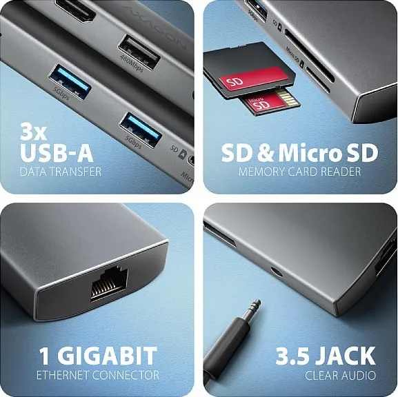AXAGON HMC-8HLSA, USB 5Gbps hub, 3x USB-A, HDMI 4k/60Hz, RJ-45 GLAN, SD/microSD, audio, PD 100W, kábel USB-C 20cm