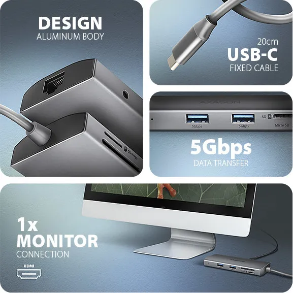 AXAGON HMC-8HLSA, USB 5Gbps hub, 3x USB-A, HDMI 4k/60Hz, RJ-45 GLAN, SD/microSD, audio, PD 100W, kábel USB-C 20cm