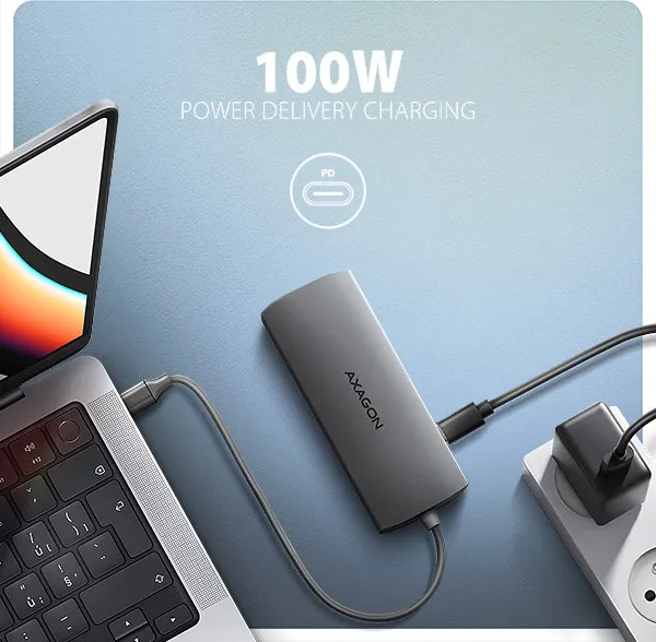 AXAGON HMC-8HLSA, USB 5Gbps hub, 3x USB-A, HDMI 4k/60Hz, RJ-45 GLAN, SD/microSD, audio, PD 100W, kábel USB-C 20cm