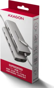 AXAGON HMC-8HLSA, USB 5Gbps hub, 3x USB-A, HDMI 4k/60Hz, RJ-45 GLAN, SD/microSD, audio, PD 100W, kábel USB-C 20cm