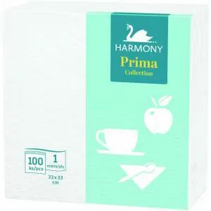 Papierové servítky 1-vrstvové HARMONY Prima 33 x 33 cm biele 100 kusov