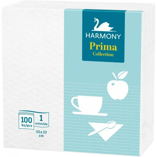 Papierové servítky 1-vrstvové HARMONY Prima 33 x 33 cm biele 100 kusov
