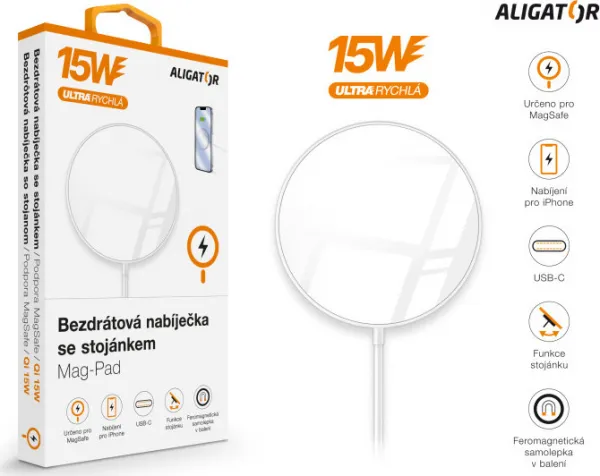ALIGATOR bezdrátová nabíječka ALIGATOR Mag-Pad, určeno pro MagSafe, 15W, bílá
