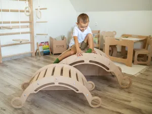 Woodisio Montessori hojdačka 3v1 drevená s doskami LULU buk Farba: Farebná - modrá