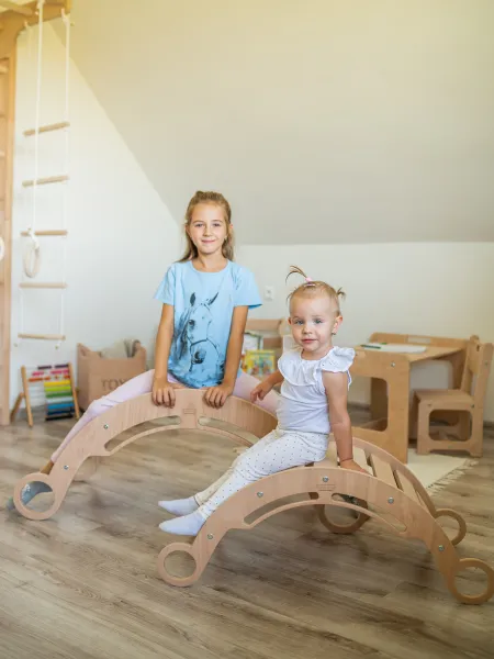 Woodisio Montessori hojdačka 3v1 drevená s doskami LULU buk Farba: Farebná - modrá