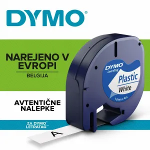 Dymo originál páska do tlačiarne štítkov, Dymo, 91221, S0721660, čierny tlač/biely podklad, 4m, 12mm, LetraTag plastová páska S0721660
