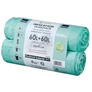 Vrecia zaväzovacie HDPE 60 ℓ, 60 x 70 cm 16 mic. (2 bal.x10 ks) zelené
