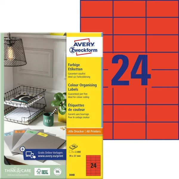 Avery Zweckform Etikety farebné 70x37mm Avery A4 100 hárkov červené