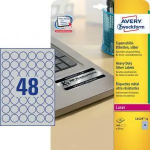 Avery Zweckform Etikety polyesterové veľmi odolné kruhové priemer 30mm Avery A4 strieborné 20 hárkov