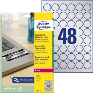 Avery Zweckform Etikety polyesterové veľmi odolné kruhové priemer 30mm Avery A4 strieborné 20 hárkov