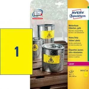 Avery Zweckform Etikety polyesterové veľmi odolné 210x297mm Avery A4 žlté 20 hárkov