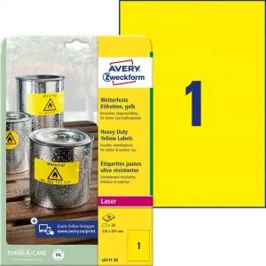 Avery Zweckform Etikety polyesterové veľmi odolné 210x297mm Avery A4 žlté 20 hárkov