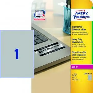 Avery Zweckform Etikety polyesterové veľmi odolné 210x297mm Avery A4 strieborné 20 hárkov