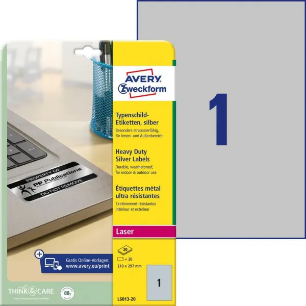 Avery Zweckform Etikety polyesterové veľmi odolné 210x297mm Avery A4 strieborné 20 hárkov
