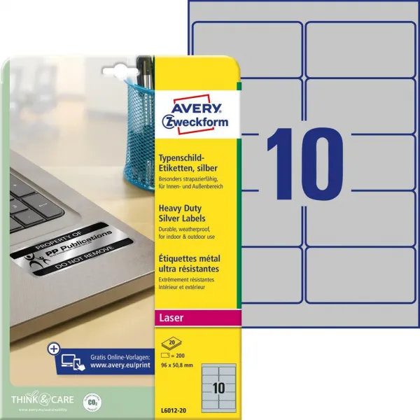 Avery Zweckform Etikety polyesterové veľmi odolné 96x50,8mm Avery A4 strieborné 20 hárkov