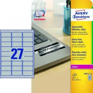 Avery Zweckform Etikety polyesterové veľmi odolné 63,5x29,6mm Avery A4 strieborné 20 hárkov