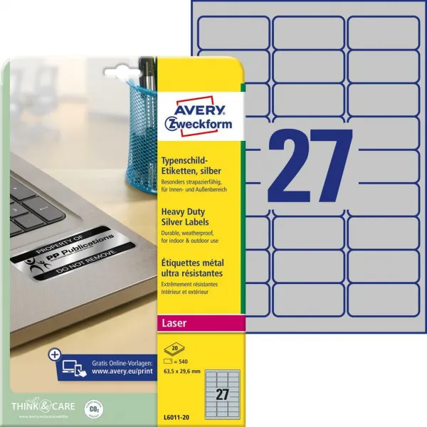 Avery Zweckform Etikety polyesterové veľmi odolné 63,5x29,6mm Avery A4 strieborné 20 hárkov