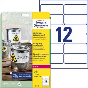 Avery Zweckform Etikety polyesterové veľmi odolné 99,1x42,3mm Avery A4 biele 20 hárkov