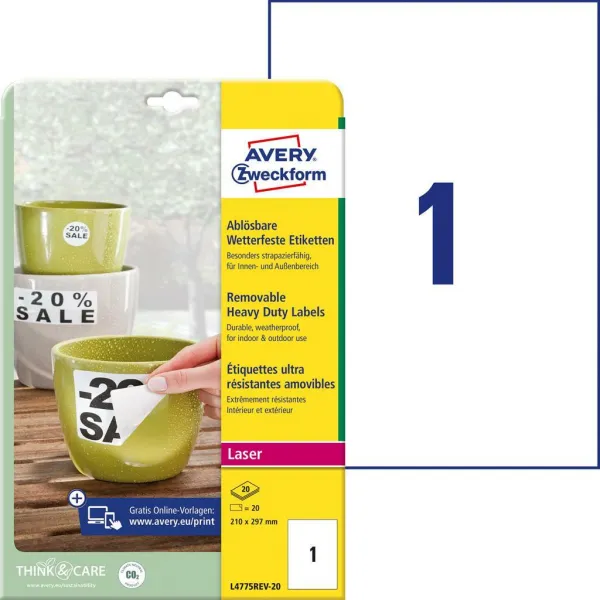 Avery Zweckform Etikety polyesterové veľmi odolné 210x297mm Avery A4 biele odnímateľné 20 hárkov