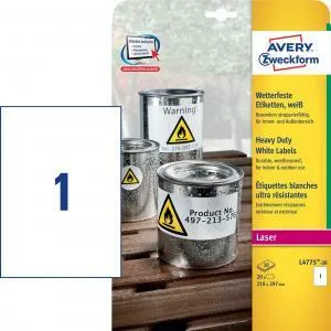 Avery Zweckform Etikety polyesterové veľmi odolné 210 x 297mm Avery A4 biele 20 hárkov