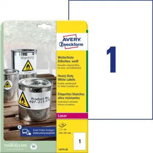 Avery Zweckform Etikety polyesterové veľmi odolné 210 x 297mm Avery A4 biele 20 hárkov