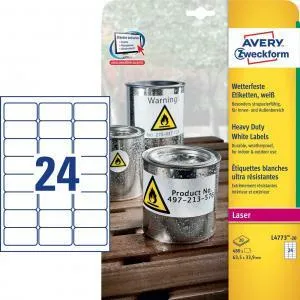 Avery Zweckform Etikety polyesterové veľmi odolné 63,5x33,9mm Avery A4 biele 20 hárkov