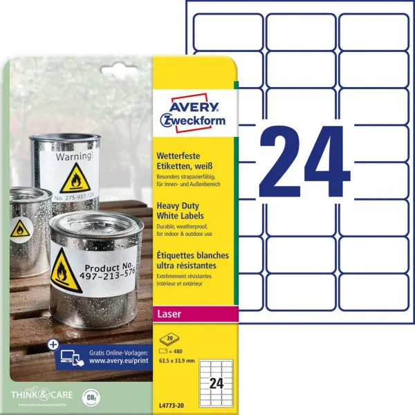 Avery Zweckform Etikety polyesterové veľmi odolné 63,5x33,9mm Avery A4 biele 20 hárkov