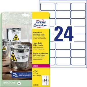 Avery Zweckform Etikety polyesterové veľmi odolné 63,5x33,9mm Avery A4 biele 20 hárkov