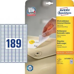 Avery Zweckform Etikety univerzálne odnímateľné 25,4x10mm Avery A4 25+5 hárkov