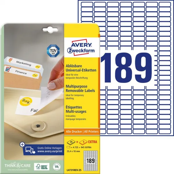 Avery Zweckform Etikety univerzálne odnímateľné 25,4x10mm Avery A4 25+5 hárkov