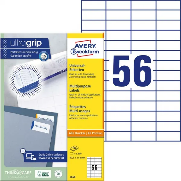 Avery Zweckform Etikety univerzálne 52,5x21,2mm Avery A4 100 hárkov