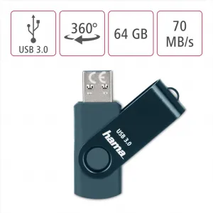 Hama USB 3.0 Flash Drive Rotate, 64 GB, 70 MB/s, petrolejová modrá 85235110