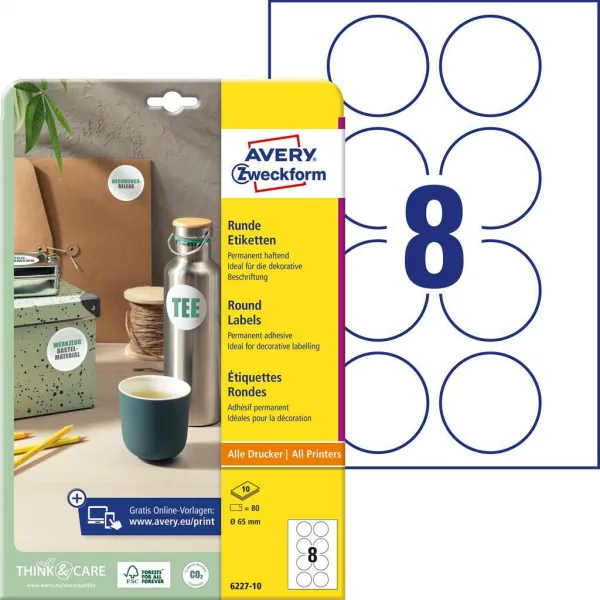 Avery Zweckform Etikety univerzálne kruhové 65mm Avery A4 10 hárkov