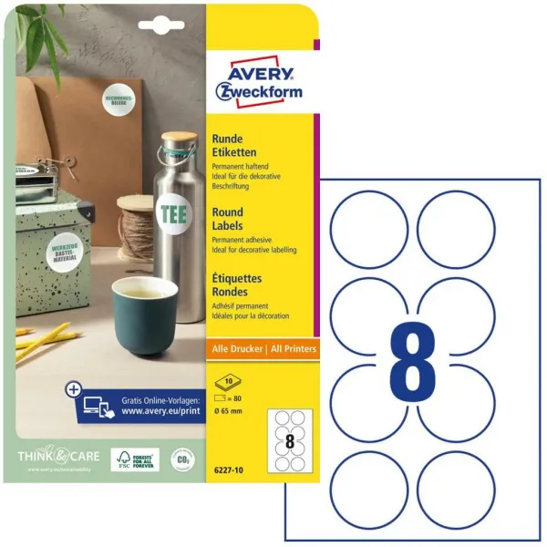 Avery Zweckform Etikety univerzálne kruhové 65mm Avery A4 10 hárkov