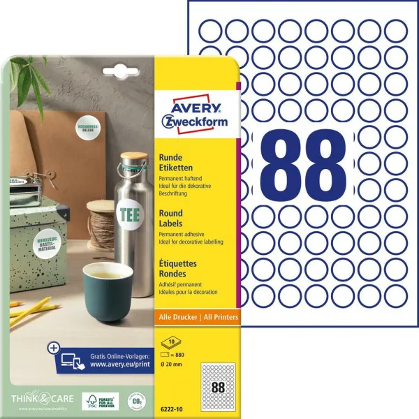 Avery Zweckform Etikety univerzálne kruhové 20mm Avery A4 10 hárkov