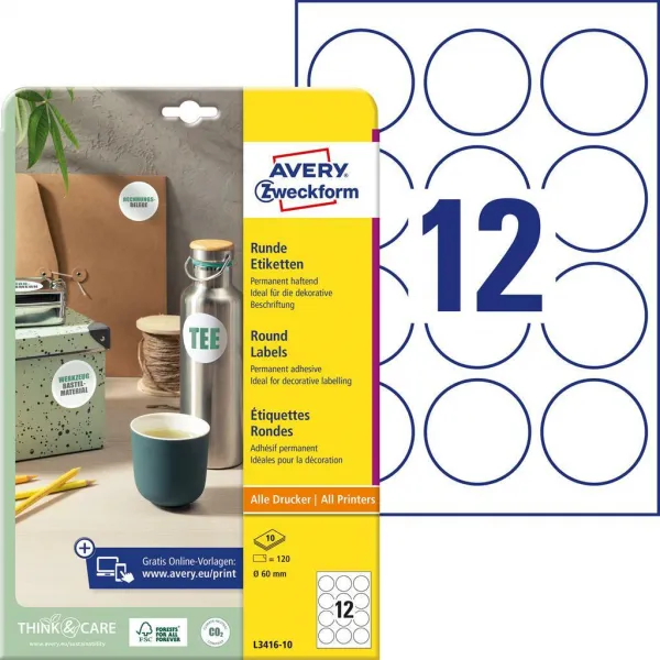 Avery Zweckform Etikety univerzálne kruhové 60mm Avery A4 10 hárkov