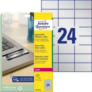 Avery Zweckform Etikety polyesterové veľmi odolné 70x37mm Avery A4 strieborné 20 hárkov
