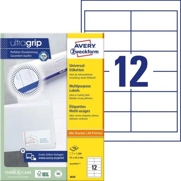 Avery Zweckform Etikety univerzálne 97x42,3mm Avery A4 100 hárkov